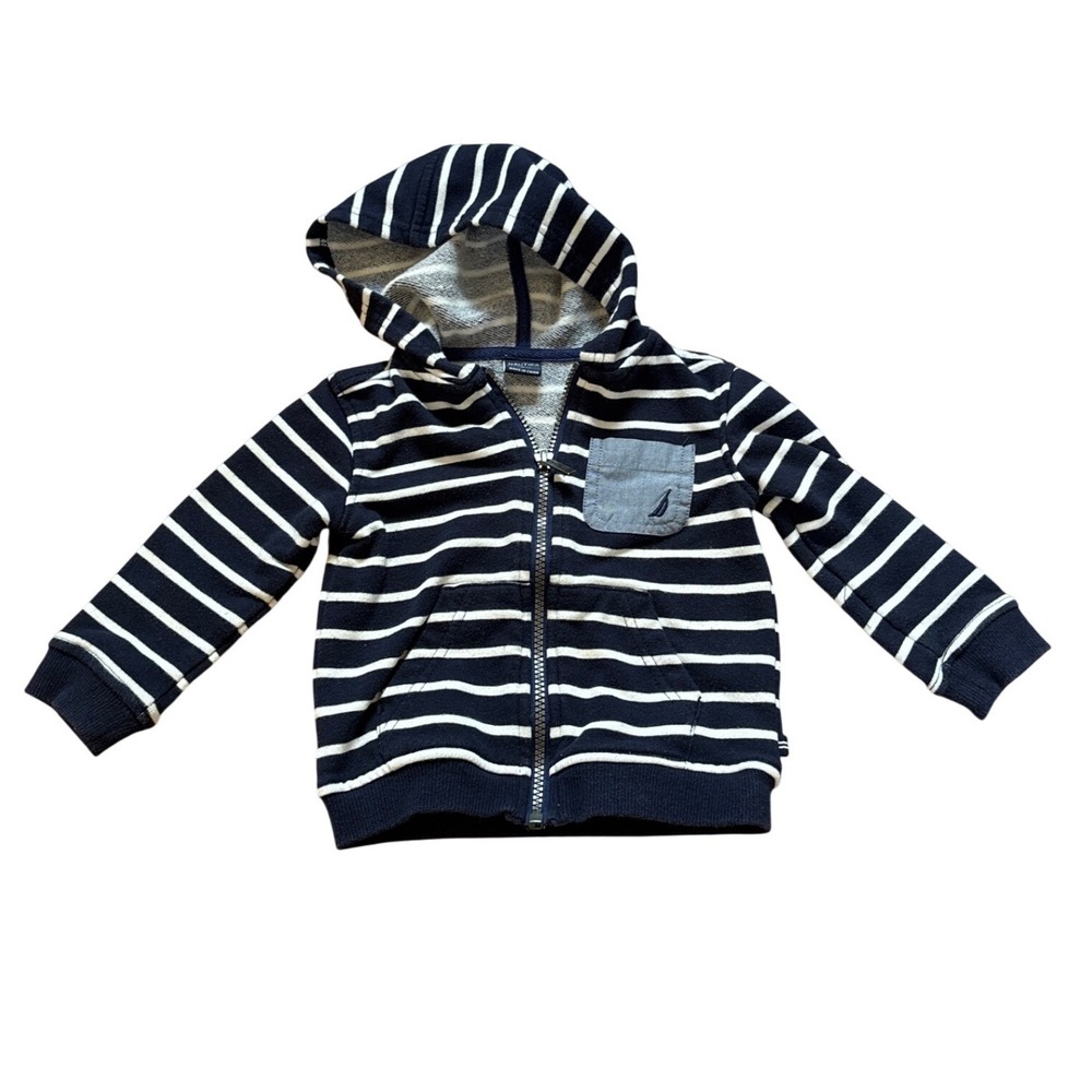 Nautica Zip Up Hoodie Kids Navy White Good Striped Pocket SIZE 12M